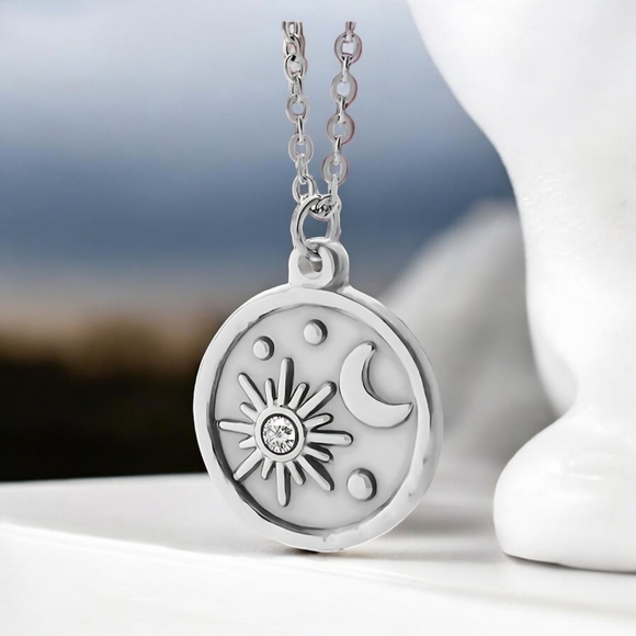 🆕️Celestial Sun & Moon Necklace 18K White Gold Plated Stainless Steel Medallion - Picture 1 of 12